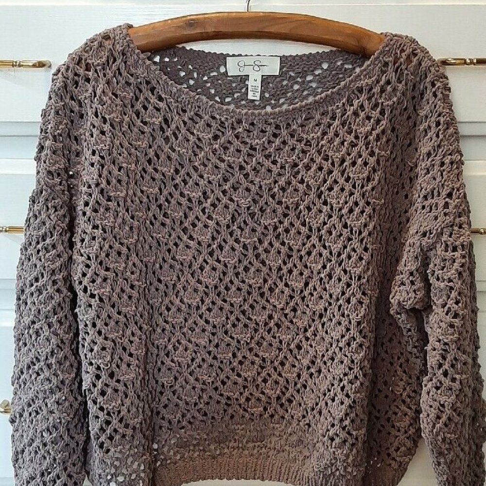 Jessica Simpson Cropped Sweater Top Open Crochet Knit Long Sleeve Dusty Purple L